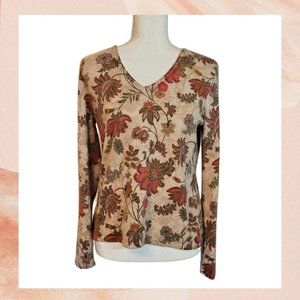 Tan Floral Soft Knit V-Neck Long Sleeve Sweater Shirt